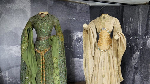 The Beetlewing dress and the Banqueting dress side by side at Smallhythe Place